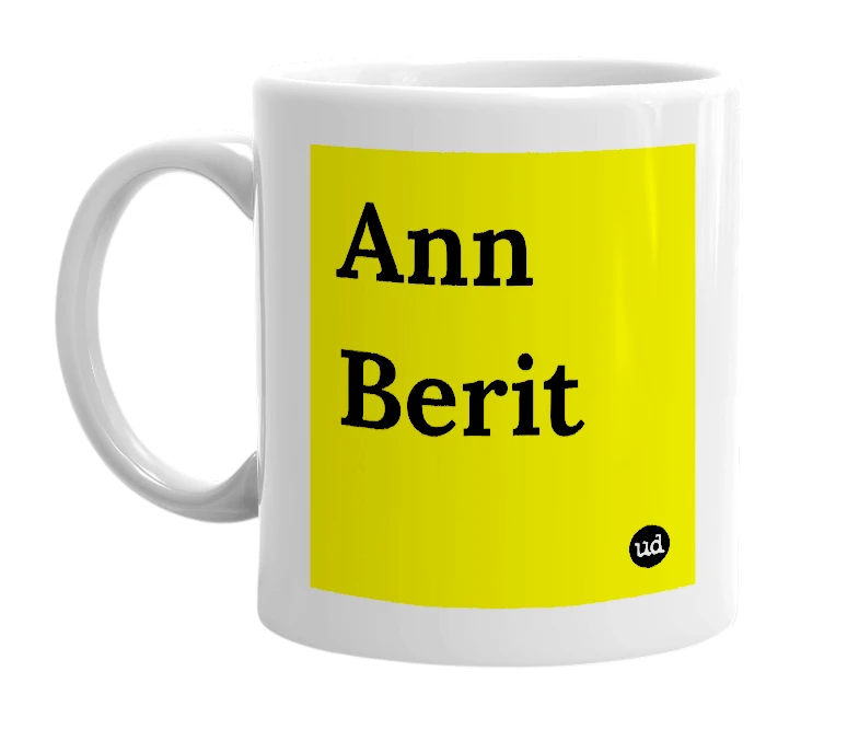 White mug with 'Ann Berit' in bold black letters
