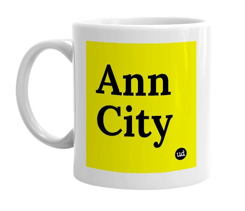 White mug with 'Ann City' in bold black letters