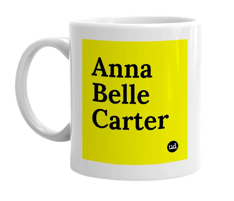 White mug with 'Anna Belle Carter' in bold black letters