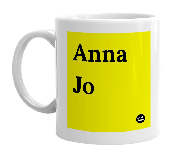 White mug with 'Anna Jo' in bold black letters