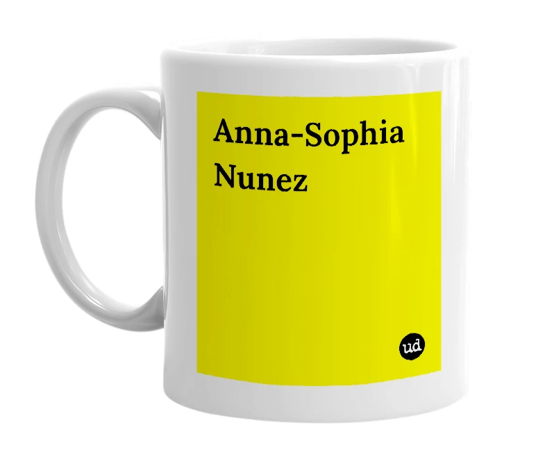 White mug with 'Anna-Sophia Nunez' in bold black letters