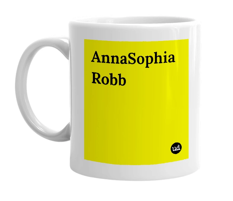 White mug with 'AnnaSophia Robb' in bold black letters