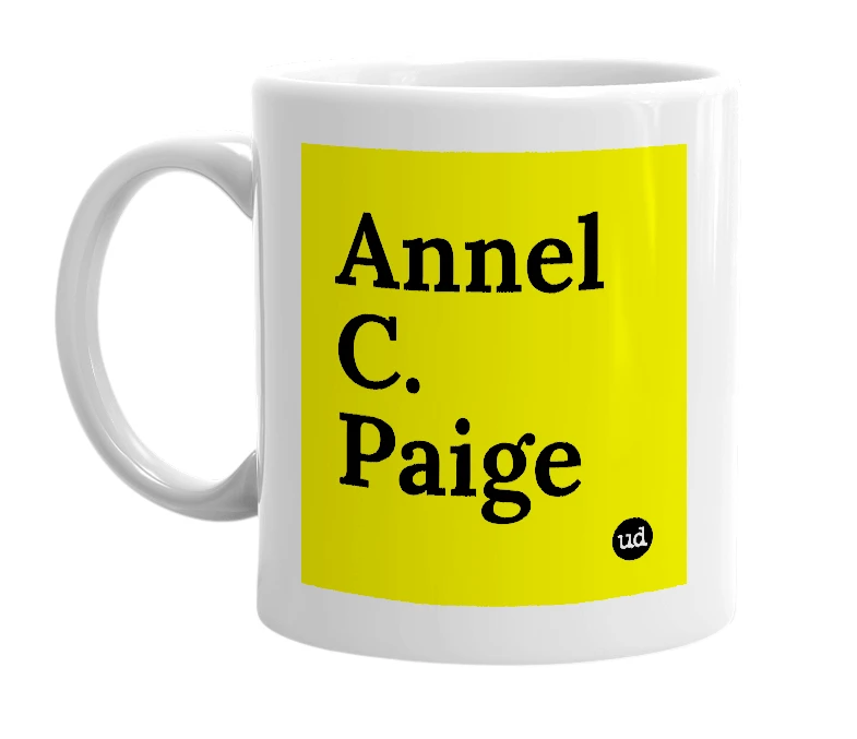 White mug with 'Annel C. Paige' in bold black letters