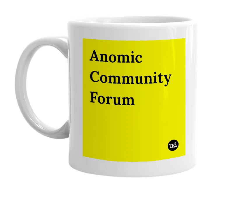 White mug with 'Anomic Community Forum' in bold black letters