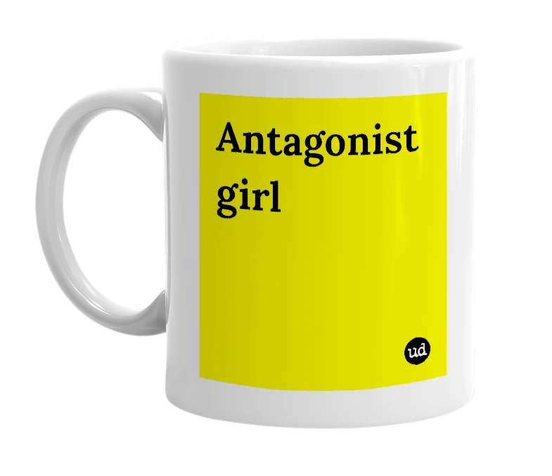 White mug with 'Antagonist girl' in bold black letters