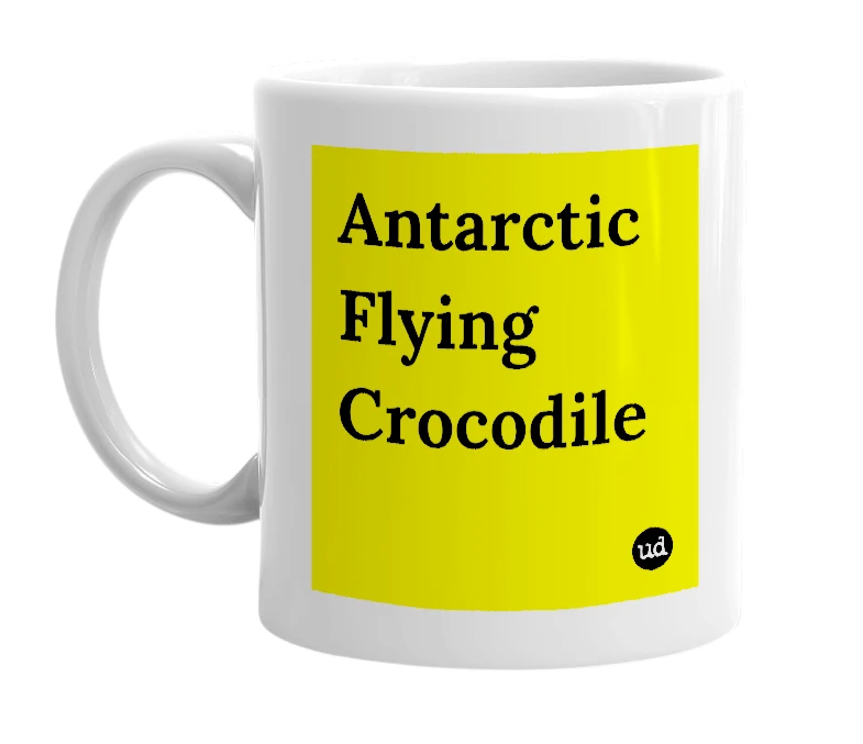 White mug with 'Antarctic Flying Crocodile' in bold black letters