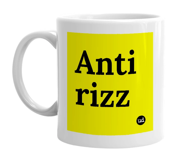 White mug with 'Anti rizz' in bold black letters