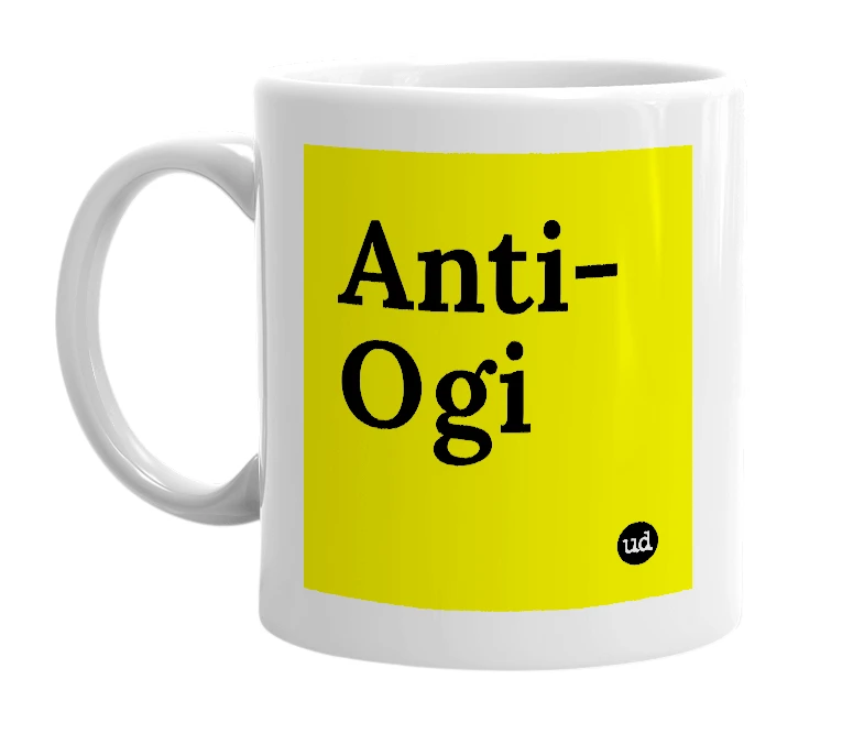 White mug with 'Anti-Ogi' in bold black letters