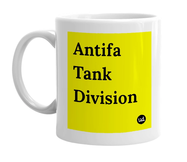 White mug with 'Antifa Tank Division' in bold black letters