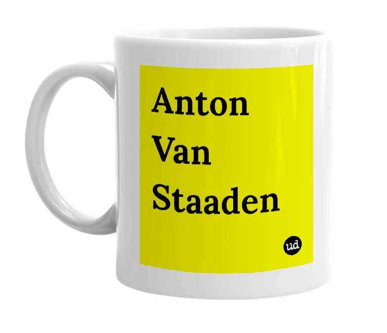 White mug with 'Anton Van Staaden' in bold black letters