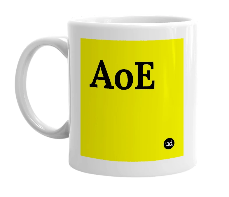 White mug with 'AoE' in bold black letters