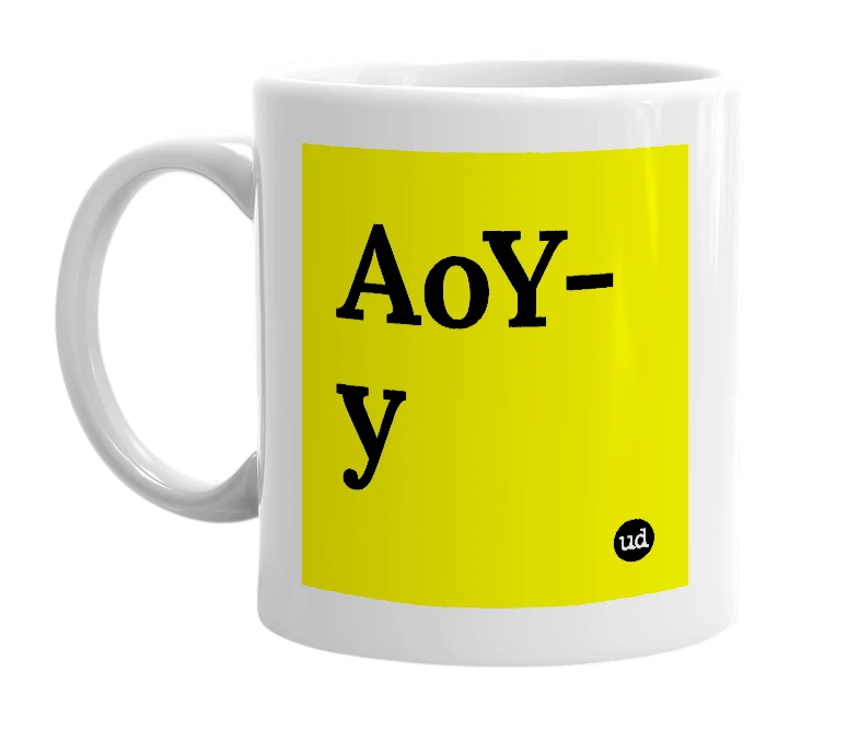 White mug with 'AoY-y' in bold black letters