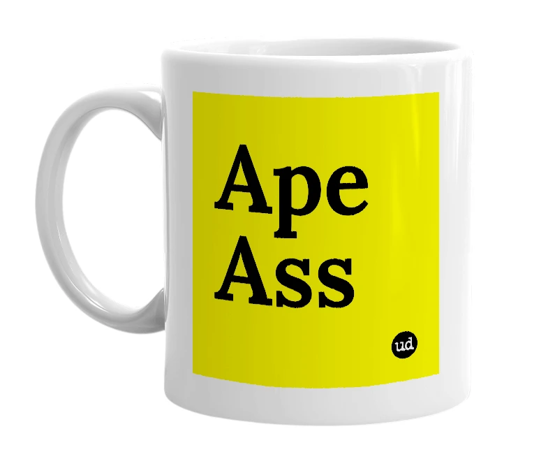 White mug with 'Ape Ass' in bold black letters