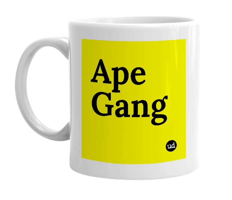 White mug with 'Ape Gang' in bold black letters