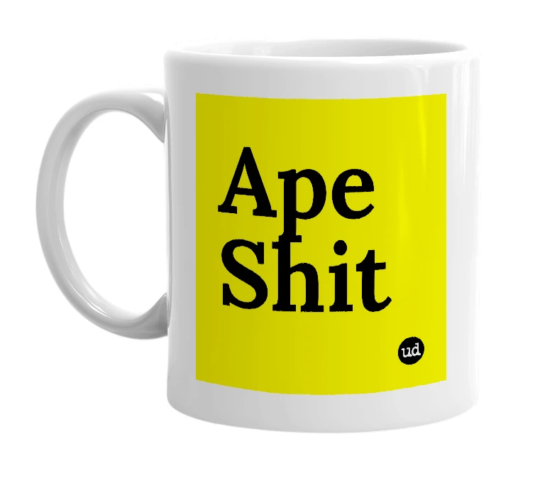 White mug with 'Ape Shit' in bold black letters
