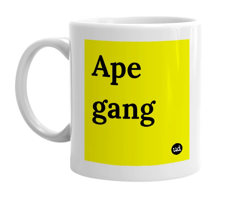 White mug with 'Ape gang' in bold black letters