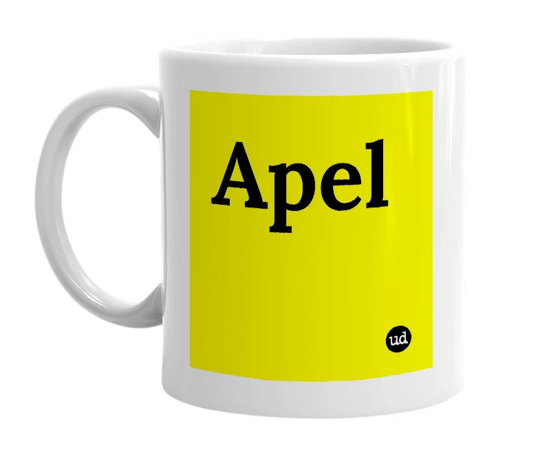 White mug with 'Apel' in bold black letters