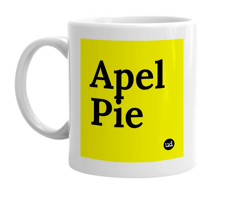 White mug with 'Apel Pie' in bold black letters