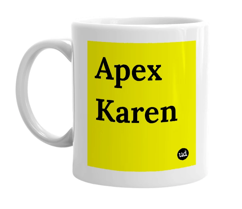 White mug with 'Apex Karen' in bold black letters
