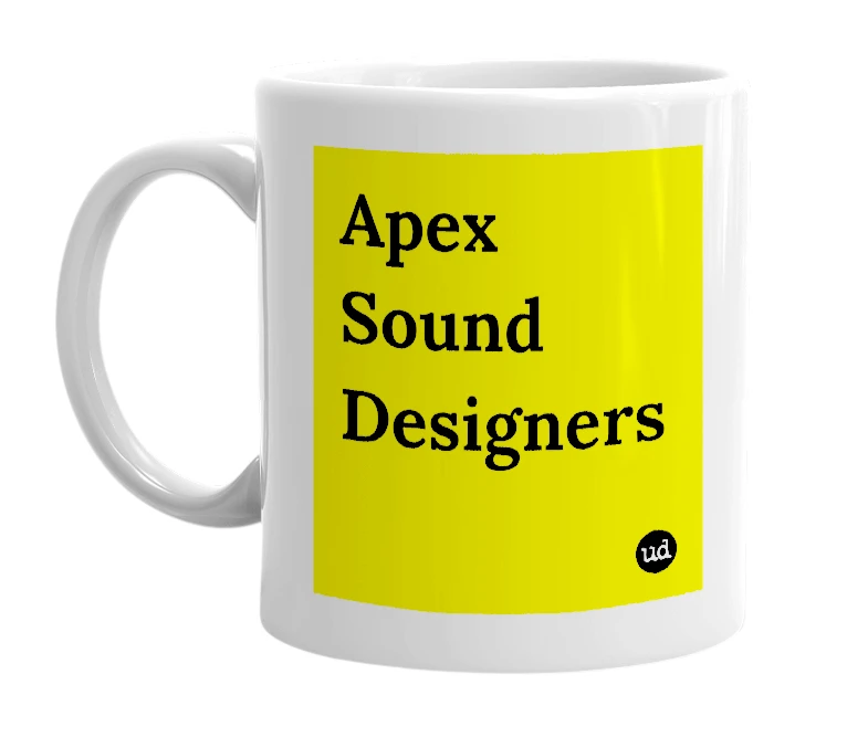 White mug with 'Apex Sound Designers' in bold black letters