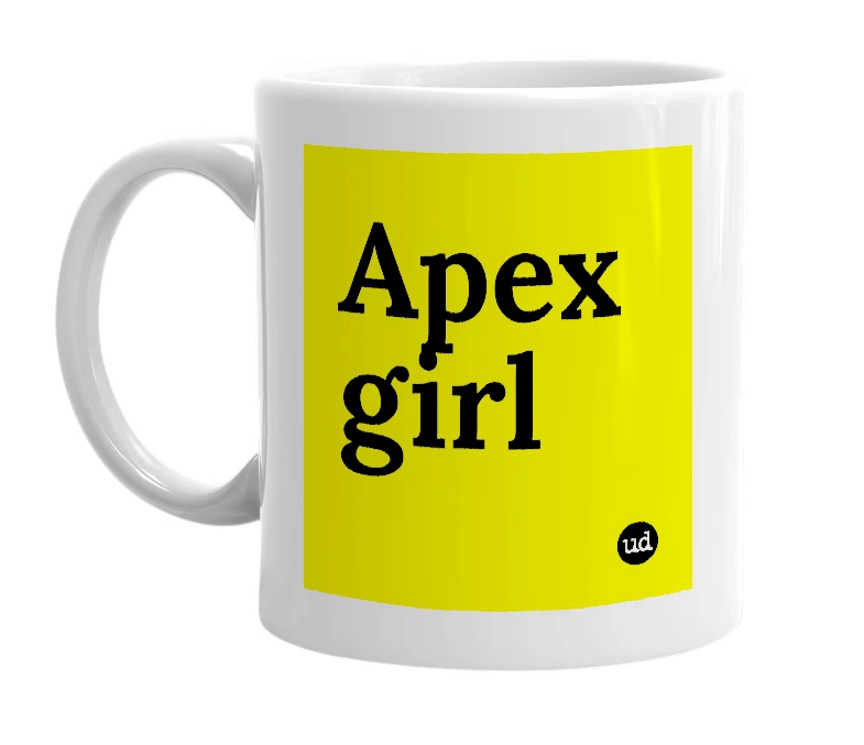 White mug with 'Apex girl' in bold black letters