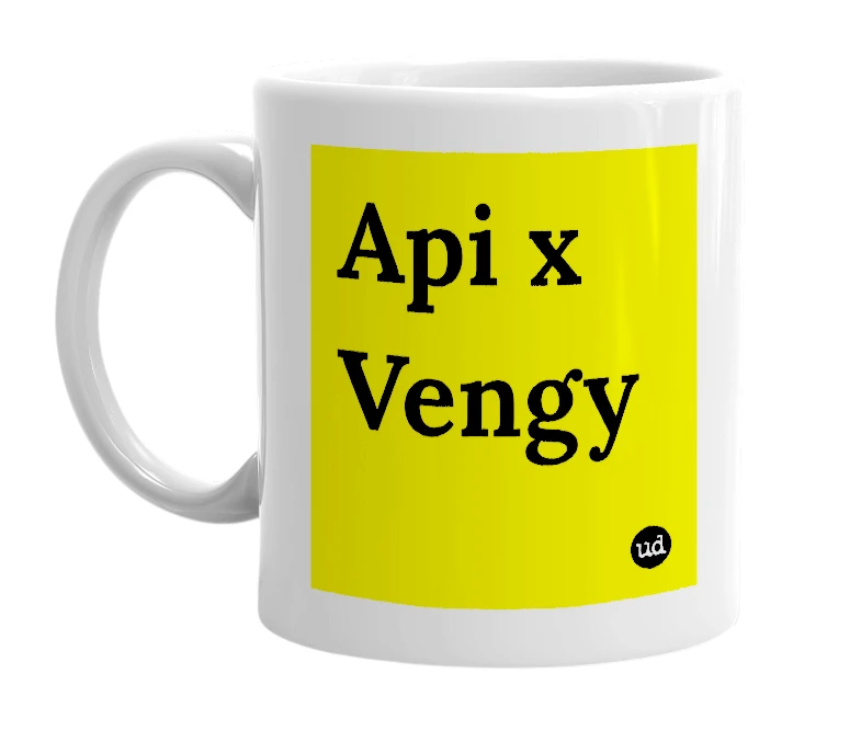 White mug with 'Api x Vengy' in bold black letters