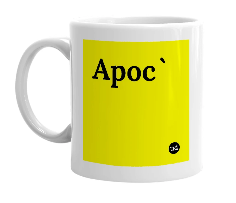 White mug with 'Apoc`' in bold black letters