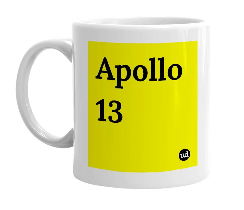 White mug with 'Apollo 13' in bold black letters