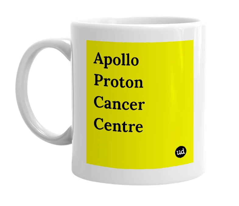 White mug with 'Apollo Proton Cancer Centre' in bold black letters