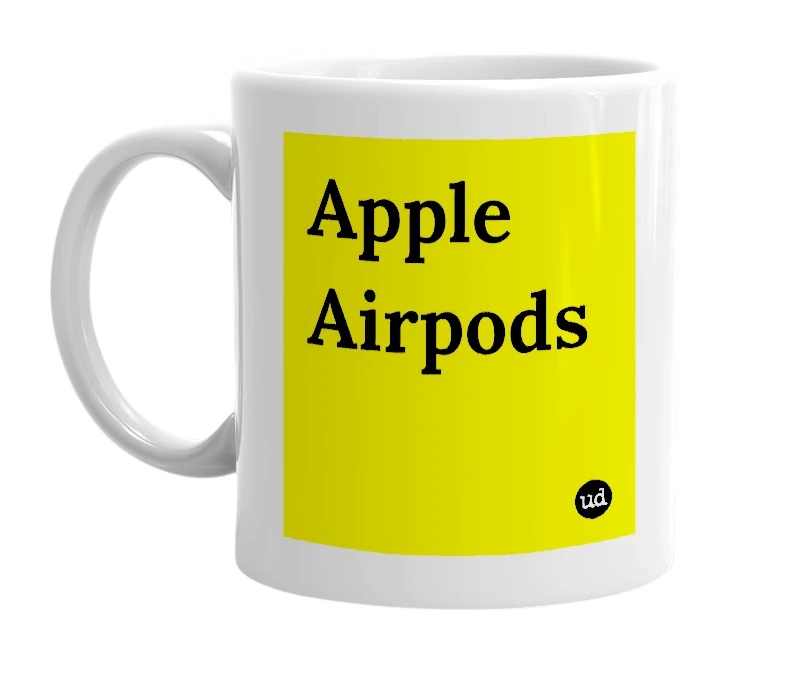 White mug with 'Apple Airpods' in bold black letters