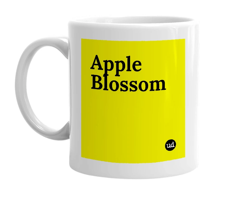 White mug with 'Apple Blossom' in bold black letters