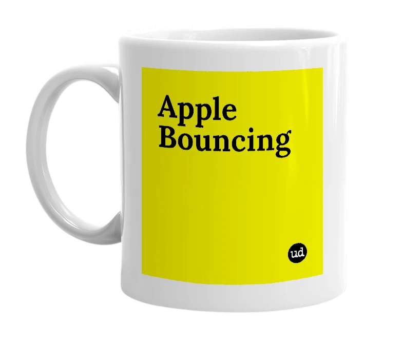 White mug with 'Apple Bouncing' in bold black letters