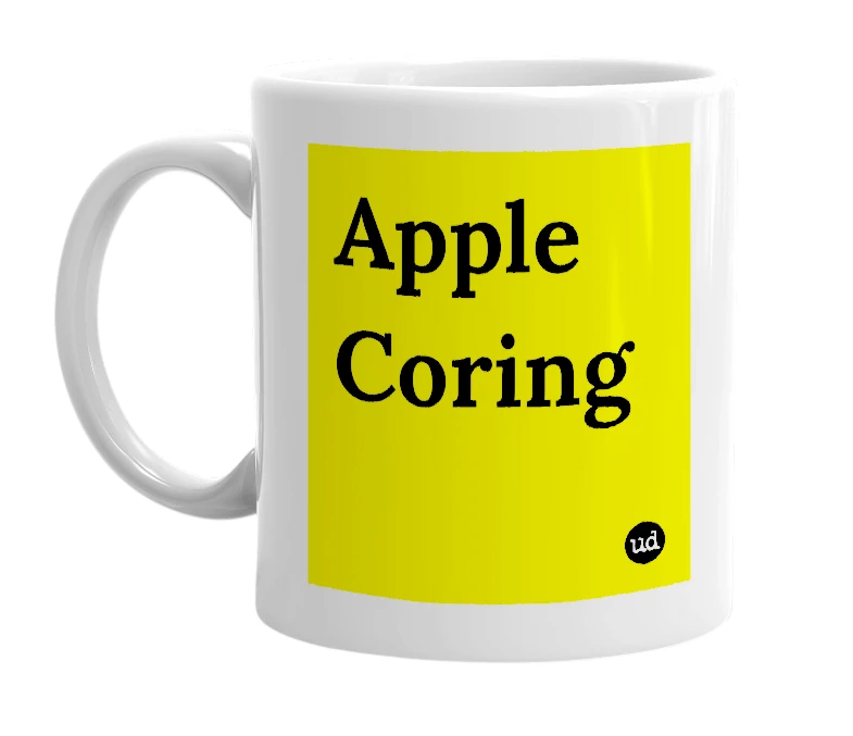 White mug with 'Apple Coring' in bold black letters