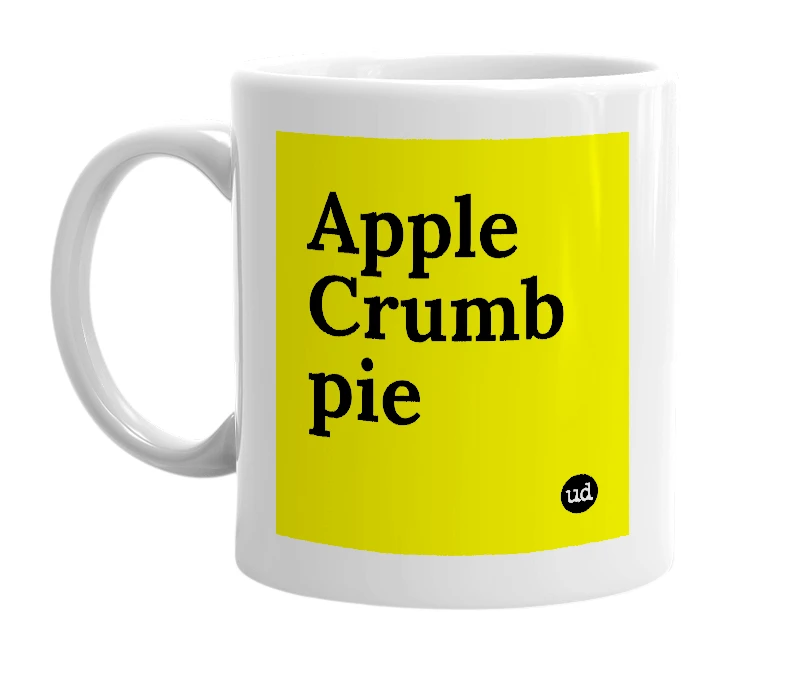 White mug with 'Apple Crumb pie' in bold black letters