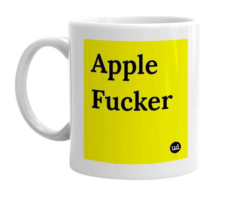 White mug with 'Apple Fucker' in bold black letters