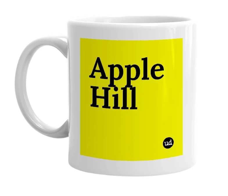 White mug with 'Apple Hill' in bold black letters