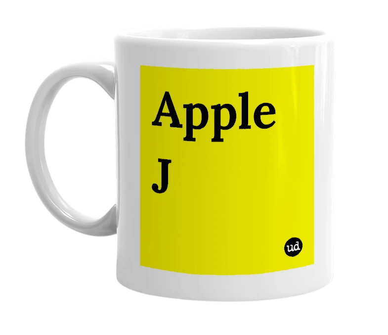 White mug with 'Apple J' in bold black letters