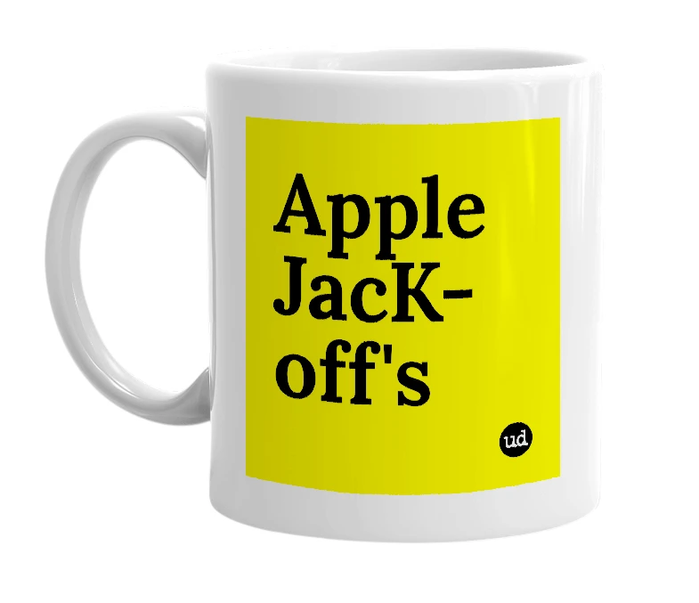 White mug with 'Apple JacK-off's' in bold black letters