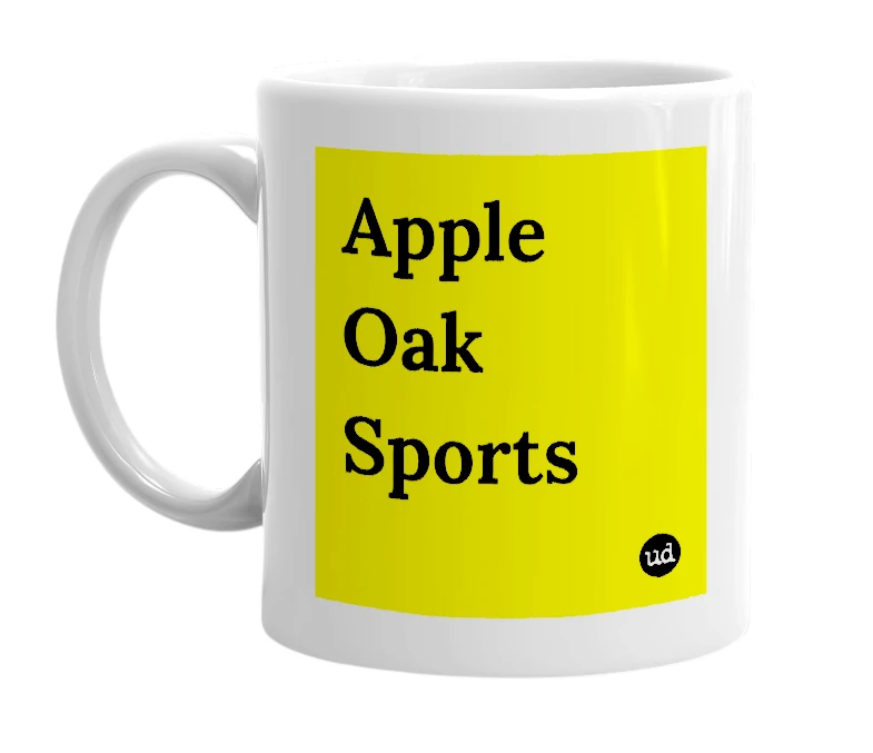 White mug with 'Apple Oak Sports' in bold black letters