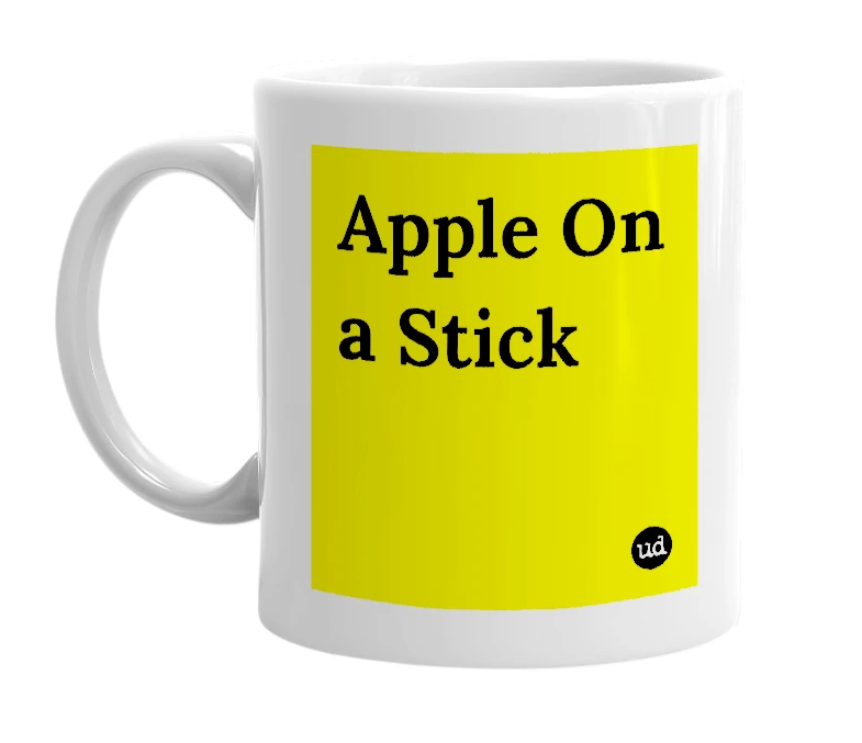 White mug with 'Apple On a Stick' in bold black letters