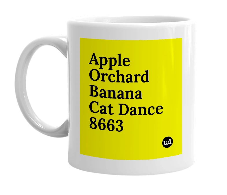 White mug with 'Apple Orchard Banana Cat Dance 8663' in bold black letters