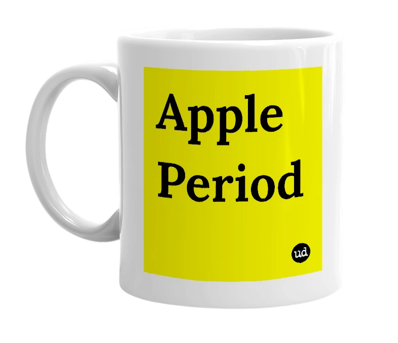 White mug with 'Apple Period' in bold black letters