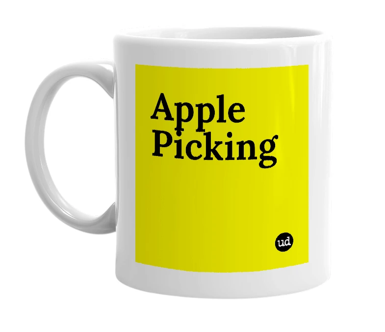 White mug with 'Apple Picking' in bold black letters