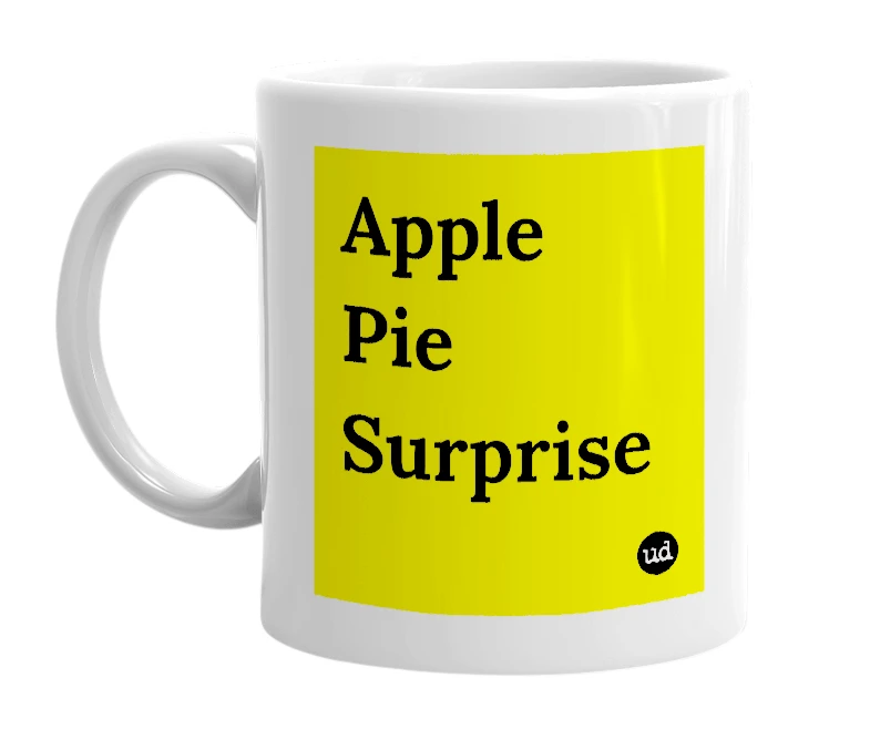 White mug with 'Apple Pie Surprise' in bold black letters