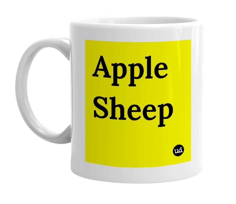 White mug with 'Apple Sheep' in bold black letters