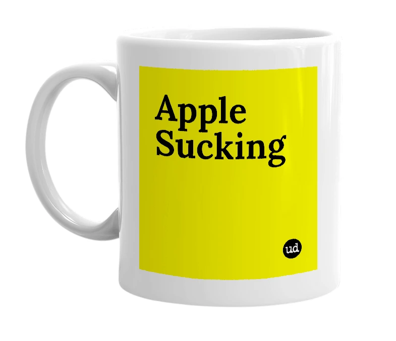 White mug with 'Apple Sucking' in bold black letters