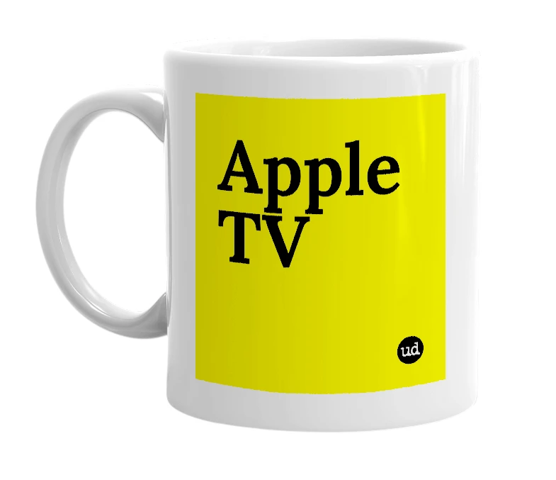 White mug with 'Apple TV' in bold black letters