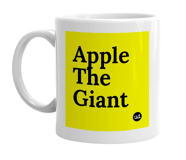 White mug with 'Apple The Giant' in bold black letters