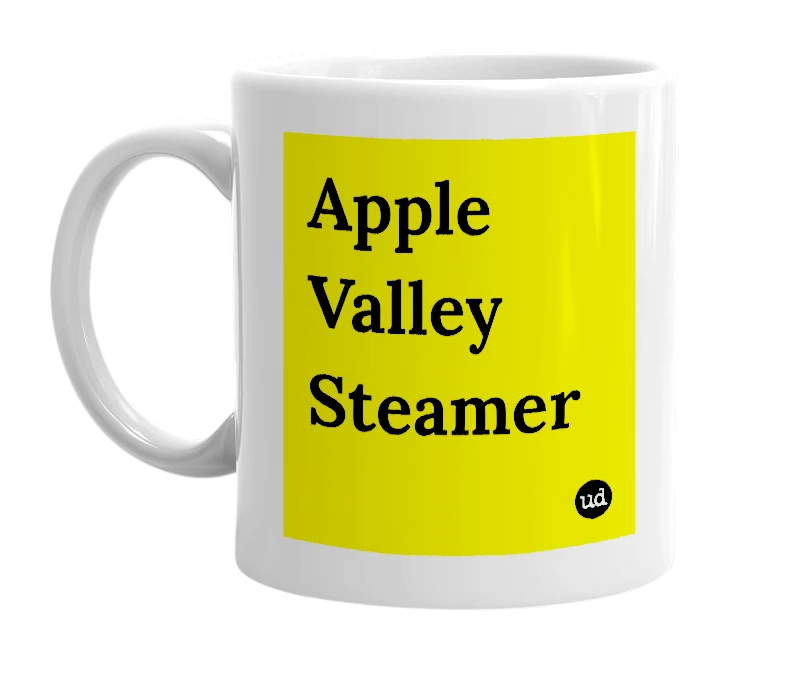 White mug with 'Apple Valley Steamer' in bold black letters