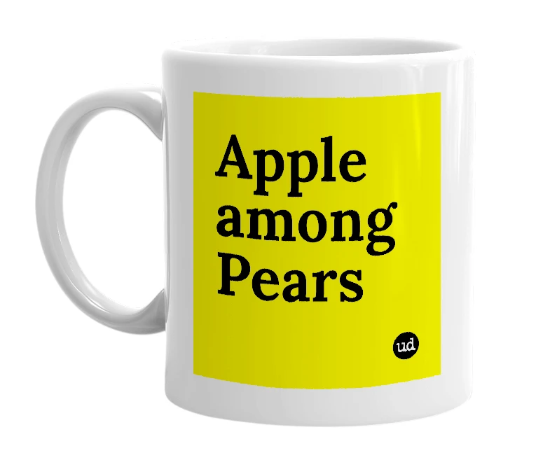 White mug with 'Apple among Pears' in bold black letters